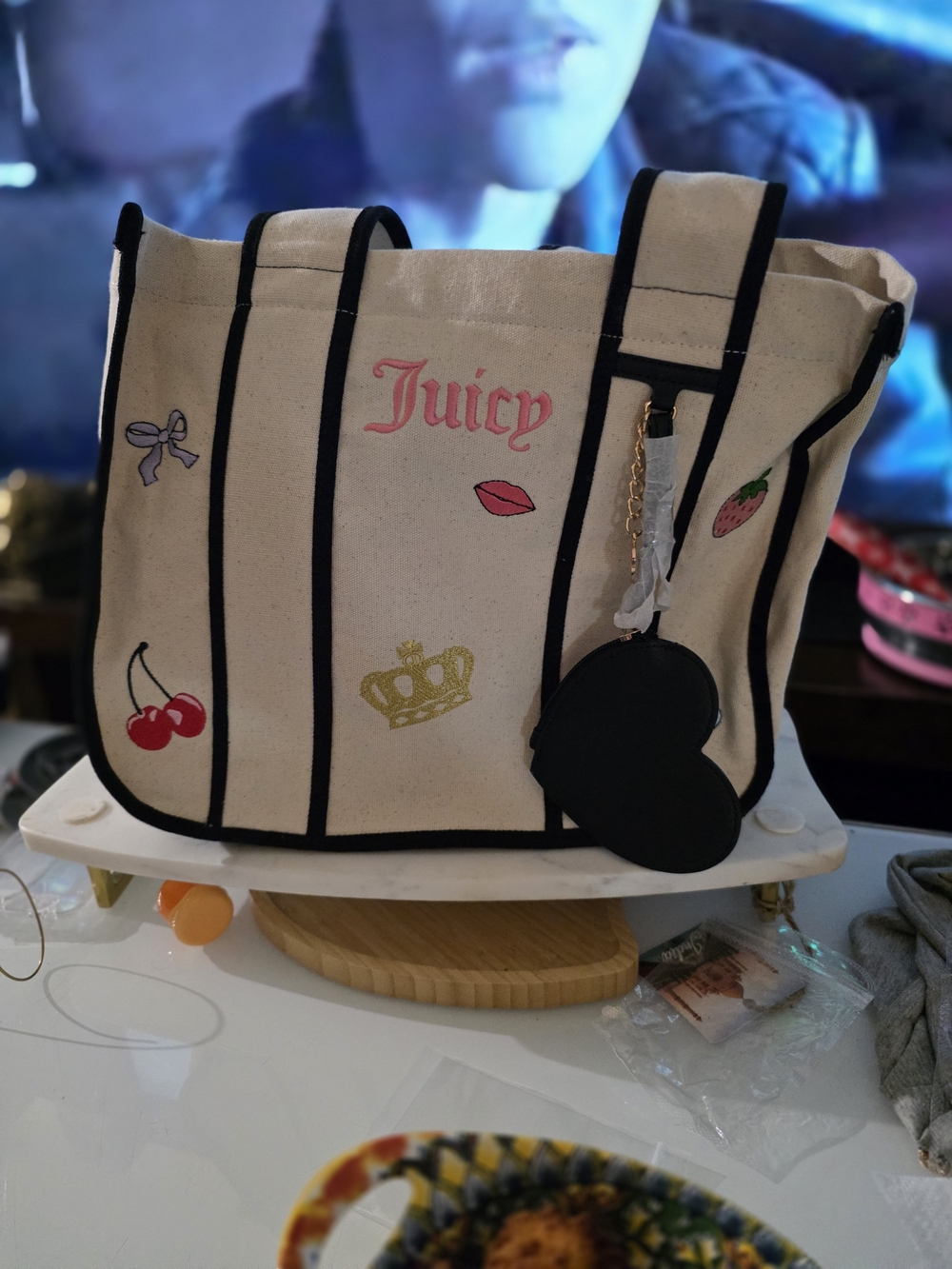 Juicy Couture Cream Canvas Tote Bag with Black Trim